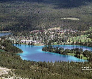 Lac  Beauvert and Fairmont Jasper Park Lodge seen from Whistlers Summit, Jasper National Park, Alberta, Canada