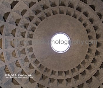 The Pantheon dome. The coffers for the concrete dome were poured in molds, probably on the temporary scaffolding; the oculus admits the only light.  Rome