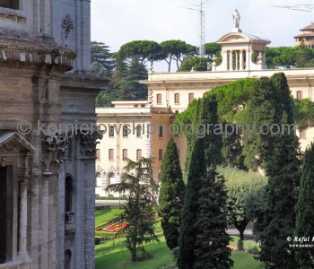 Vatican Gardens viewed from the window of  the Gallery of Maps or the Map Room. Stato della Città del Vaticano
