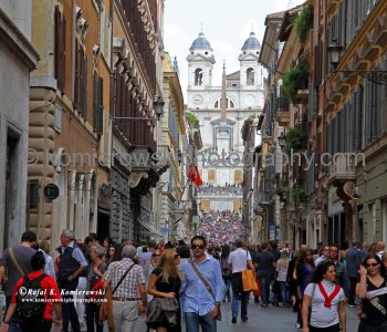 View of Via dei Condotti and  Piazza di Spagna with dominant structure of the Trinità dei Monti, Rome