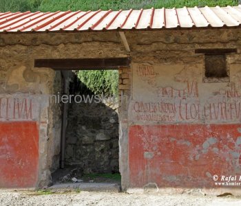 Pompeii street is occupied by a row of shops with a portico in front of them....