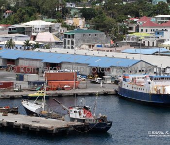 ...View of Kingstown, St. Vincent from the upper deck of Grand Princess cruise ship....
