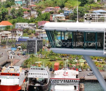 ...View of Kingstown, St. Vincent and bridge from the upper deck of Grand Princess cruise ship....