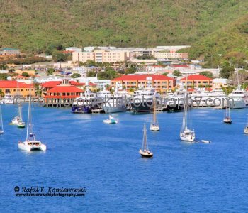 View of Charlotte Amalie from the upper deck of Grand Princess cruise ship while leaving harbor, St. Thomas, U.S. Virgin Islands