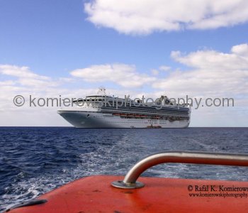 Cruise ships anchor offshore (to protect the coral reef that surrounds the island) and passengers are tendered into the small dock in Princess Cays