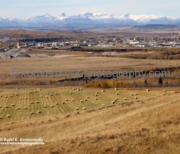 View of Town of Cochrane, Foothills, Bow River Valley and Rockies from Bowl Link Trail,  Glenbow Ranch Provincial Park