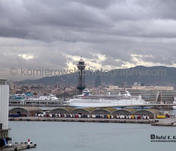 View of Harbour in Barcelona from Carnival Magic, deck 12th.  DAY 1,  October 28, 2011 departure from Barcelona at 17:30 , rainy overcast, +22C,  41^ 21’ 16.17”North,  2^ 10’ 33.13” East