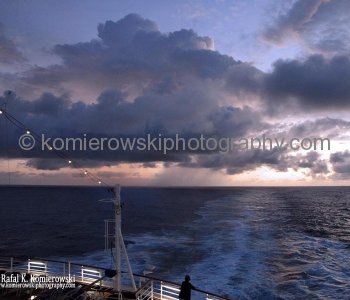 Monday, November 7, 2011 – Day 11, SUNRISE, Atlantic Ocean, sailing to Freeport, Bahamas, 26^ 13’ 15” N,  60^53’ 16” West   -  at   8:50  speed 21. 48 kn= 39.28km/h, wind left front 31.7kn=58.7 km/h, temp. +25.2C, humidity 81% , ONE HOUR BACK