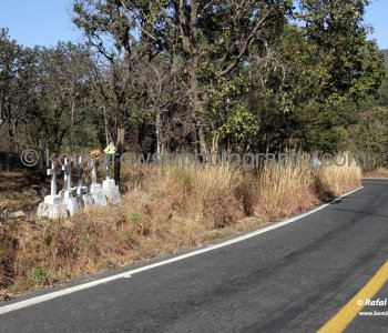 Roadside memorial dedicated to traffic accident, view from highway (east of) Talpa de Allende, Jalisco