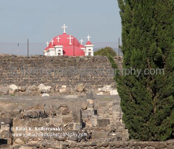 The Orthodox church is built in the middle of the ruins of the ancient Roman village of Kfar-Nahum (Capernaum)