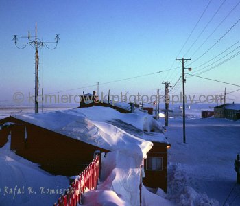 Canadian Arctic, Resolute Bay, March 1975, -45C. Resolute Bay Airport in Resolute Bay, Nunavut, (then N.W.T.) Canada. Note RCPM field truck.