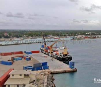View  of Port of Hukulaofa from 10th deck of MS Ooosterdam.  Tonga is a miniature Kingdom, made up of a group of 170 islands, 45 of which are inhabited..
