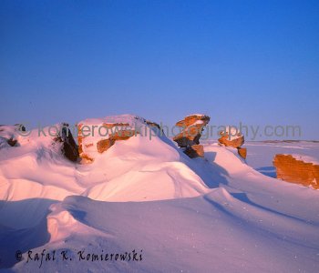 Canadian Arctic, Midnight at Belcher Island, April 1975, -48C.  Surveying on the top of Belcher Island at Midnight Hour.