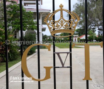 Entrance Gate to the Royal Palace of the Kingdom of Tonga with insignia of the late King George Tupou V