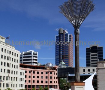 Fern Ball sculpture, by Neil Dawson, is a 3.4 metre diameter sphere suspended 14 metres over Civic Square in central Wellington