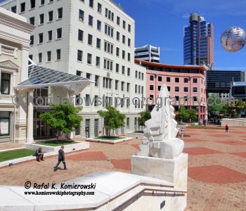 Civic Square, with the fern ball sculpture suspended above, Wellington, New Zealand