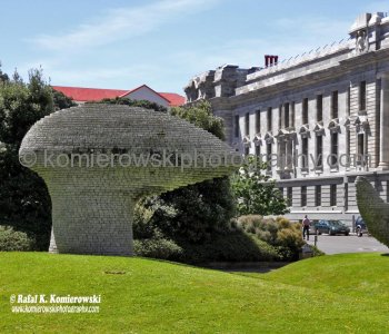 Unusual abstract sculpture behind the Beehive Parliamentary Buildings, Wellington, New Zealand