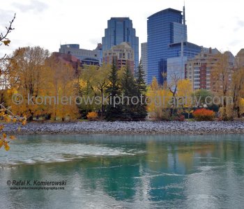 Eau Claire and Prince s Island seen from Bow River Pathway (Memorial Drive NW), Calgary, Alberta