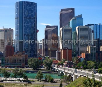 August 2013, Bow Tower, China Town and Downtown seen from Rotary Park above Samis Rd. NE, Bow River, after Calgary Flood 2013, Alberta