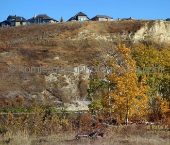 View of Cranston above Bow River, south of Sikome Lake and Bow Bottom Trail SE, (after June flooding, October 2013), Calgary, Alberta