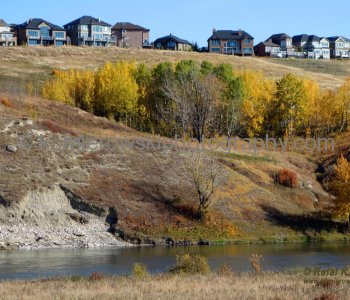 View of Cranston above Bow River, south of Sikome Lake and Bow Bottom Trail SE, (after June flooding, October 2013), Calgary, Alberta