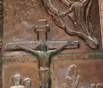 Bronze main door of Basilica of the Annunciation, with bas reliefs of scenes from life of Jesus