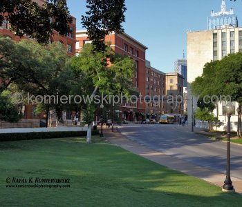 Last corner JFK motorcade turned into Elm Street. Photo taken from Grassy Knoll near X (a.k.a. Z224)  position.