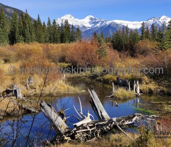 Vermilion Lakes and Majestic Rockies west of Banff before first snowfall, Alberta