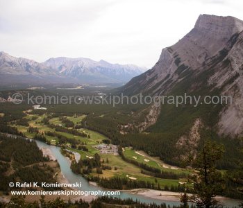 The town of Banff, with dominant Rundle Mountain,...and Bow River- fresh water feeder for Calgary...