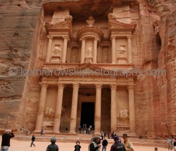 \"The Treasury,\" the first facade you see as you enter Petra, is world famous because of the Indiana Jones \"The Last Crusade\" movie