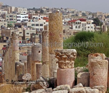 The old Roman city of Gerasa and the modern city of Jerash in the background.