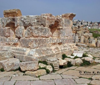 The old Roman city of Gerasa and the modern city of Jerash in the background.